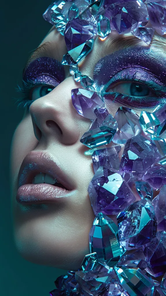 A woman's face is adorned with sparkling purple and blue crystals.  Her eyes are closed and her lips are slightly parted, creating a sense of mystery and intrigue. The crystals reflect light, casting a shimmering aura around her. The background is a deep blue, enhancing the vibrant colors of the jewels. The image is a study in color, light, and texture, creating a captivating and otherworldly effect.