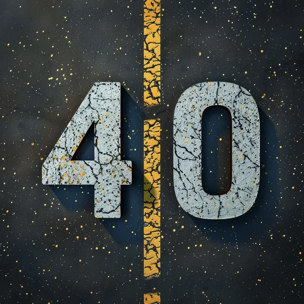 The image shows the numbers 4 and 0 painted in white on a black asphalt road surface. The numbers are cracked and weathered, suggesting they are old. There is a yellow line painted down the center of the road, separating the numbers. The background is speckled with small golden dots, adding to the gritty, urban aesthetic. The image evokes a sense of time and wear, perhaps hinting at a long-forgotten journey or a milestone reached.