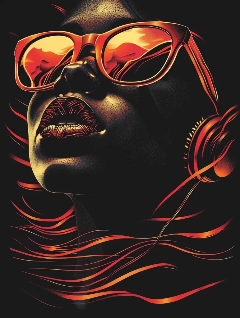 A close-up portrait of a woman with fiery red hair, wearing large, orange sunglasses and headphones. The background is black, creating a dramatic contrast. Her lips are slightly parted, suggesting she is listening to music. The image has a bold, graphic style, emphasizing the woman's features and creating a sense of energy and style.