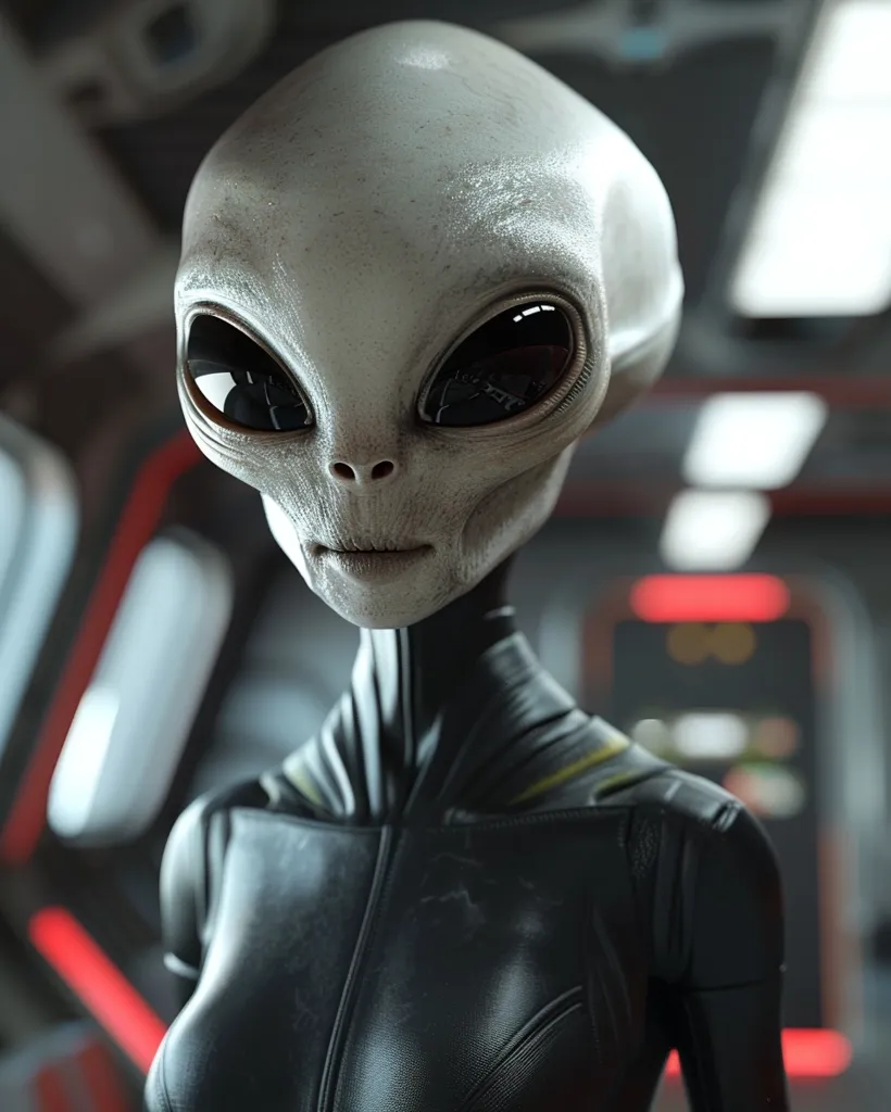 The image shows a close-up portrait of an alien being. It has a large, gray head with large, black eyes and a small, thin mouth. Its head is slightly tilted to the side, and it is looking directly at the camera. The alien is wearing a black, leather-like suit. The background is blurry, but it appears to be a futuristic, spaceship-like setting. The image is a digital illustration.