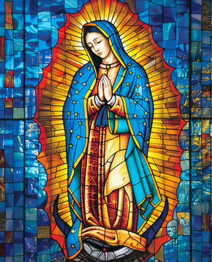 The image depicts a stained glass window featuring the Virgin Mary. She is dressed in a blue robe with a gold trim and a flowing white veil. She has her hands clasped in prayer and a solemn expression on her face. The stained glass is surrounded by a vibrant border of blue, yellow, and red. The image is a beautiful example of religious art and craftsmanship.