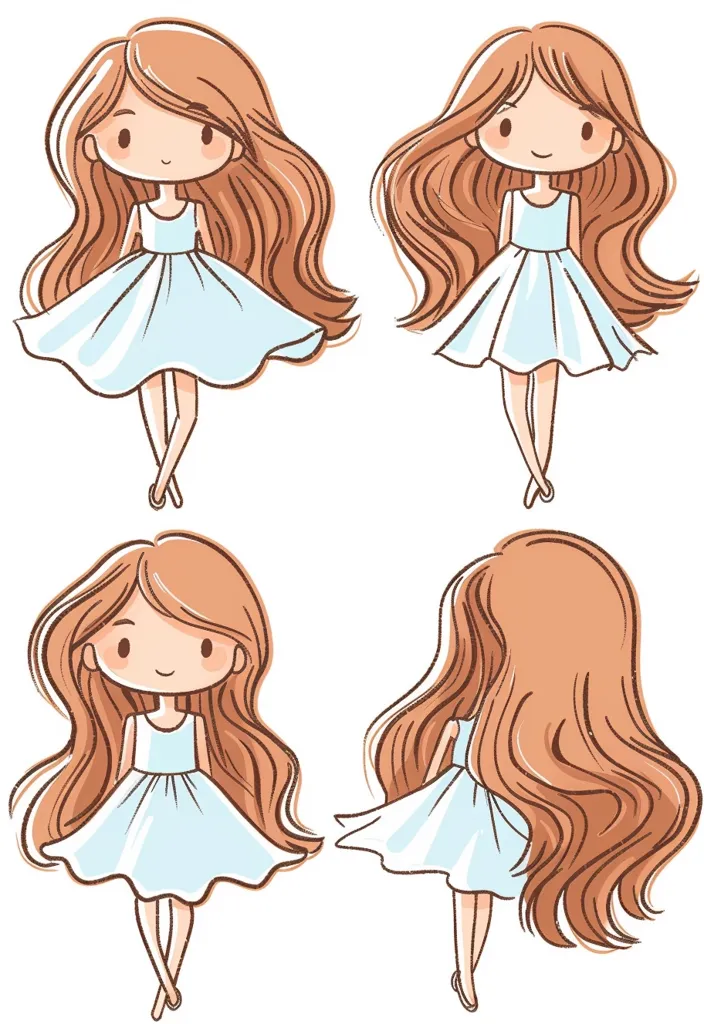 The image shows four different poses of a cute cartoon girl with long brown hair. She is wearing a light blue dress and has big, brown eyes.  She looks happy and carefree. The illustrations are done in a simple, cartoon style with soft colors.  The image is set against a white background.