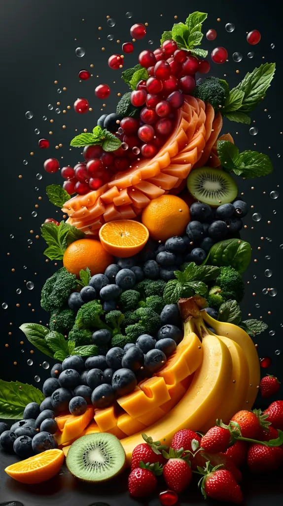 A vibrant and colorful arrangement of fresh fruits and vegetables. Red grapes, sliced papaya, oranges, kiwi, blueberries, broccoli, bananas and strawberries form a cascading tower against a dark background. Water droplets and scattered seeds add to the freshness and vibrancy of the image.