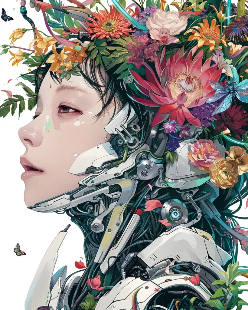 The image depicts a woman with a mechanical body. Her head is adorned with a vibrant flower crown, a mix of pink, orange, yellow, and red blossoms. Her face is soft and feminine, contrasting with the intricate, exposed mechanics of her body. The image blends organic beauty with technological advancement, creating a visually striking and thought-provoking piece.