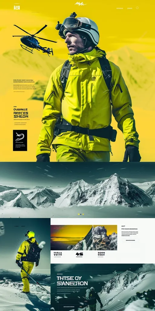 The image features a man wearing a yellow ski jacket and helmet, standing against a bright yellow background. He is looking to the left, with a helicopter flying in the background. Below him is a picture of snowy mountains, and further down are images of landscapes and a logo. The text at the top reads "Mythe" and there are some words about "Chamonix Recces" and "Sheoh". The image is likely a promotional advertisement for ski equipment or winter sports.