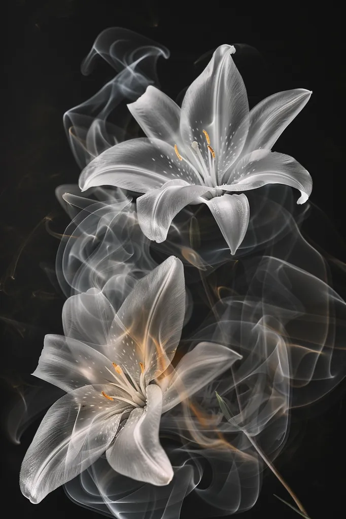 Two white lilies, rendered translucent, appear to be emerging from a swirl of smoke on a black background. The lilies are delicate and ethereal, with their petals partially obscured by the swirling smoke. The golden highlights in the smoke add a touch of warmth to the image. The overall effect is one of beauty, fragility, and mystery.