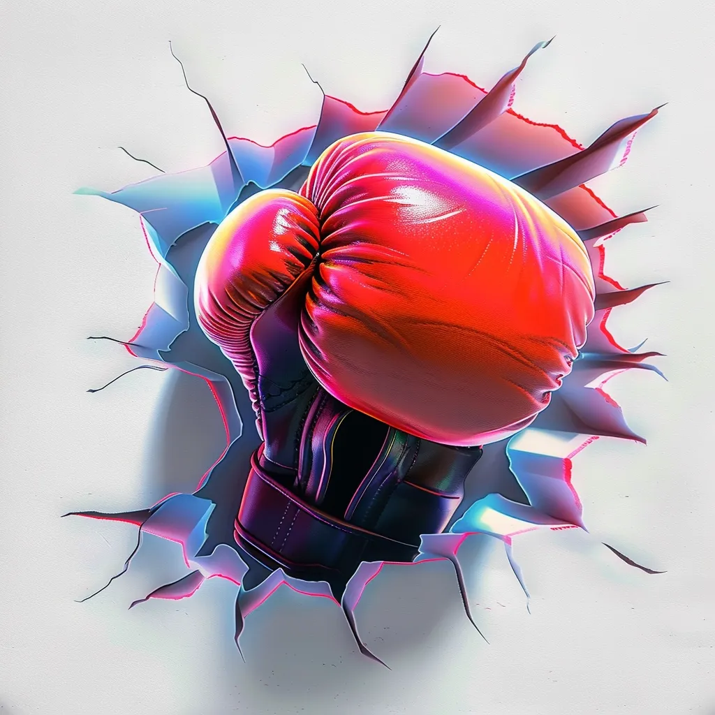 A red boxing glove,  with black straps, bursts through a white wall, creating cracks and a glowing, colorful halo around the impact area. The glove's surface is textured and shiny, capturing the light and emphasizing its forceful entry. The image suggests a powerful punch and a sense of breaking through barriers.