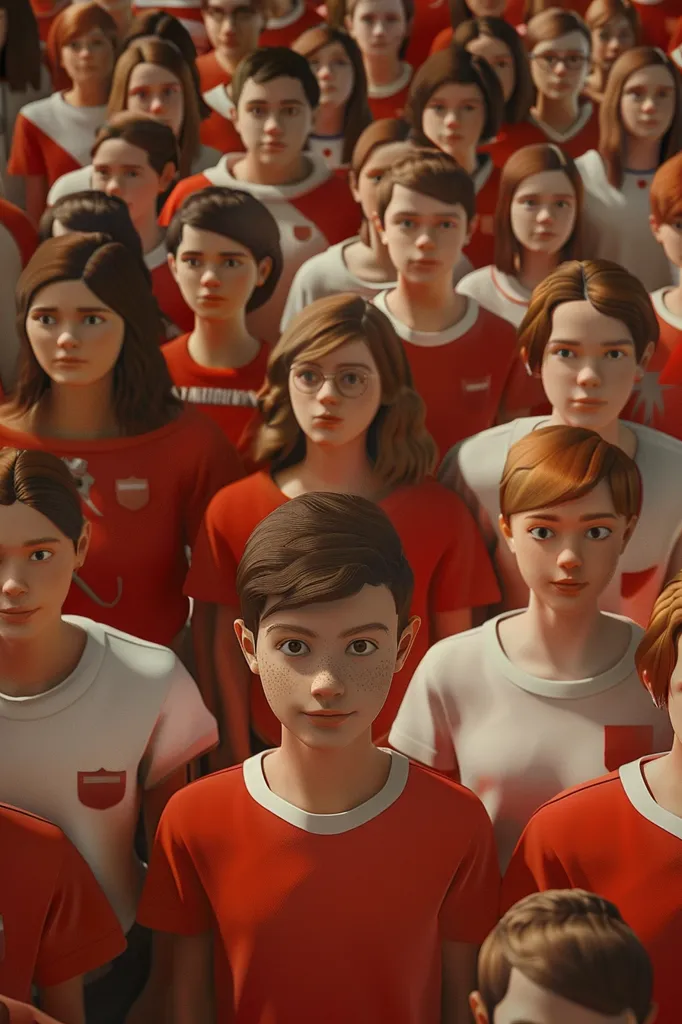 A large group of children, mostly teenagers, stand closely together in a crowd.  They are all wearing red and white shirts, possibly uniforms. The children are looking forward, some with smiles on their faces and others with serious expressions. They all appear to be part of a team or group.  The scene is bright and sunny, possibly at a sports event.  A young boy in the center of the image is looking directly at the camera with an unreadable expression.