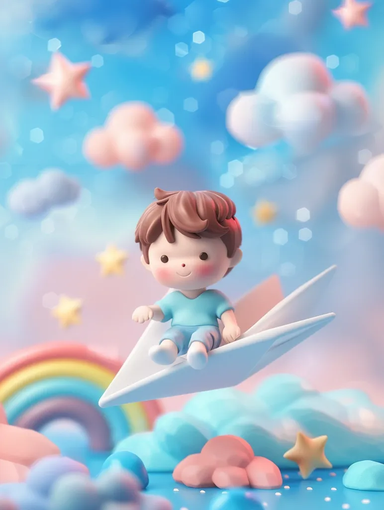 A cute cartoon boy with brown hair and a blue shirt sits on a white paper airplane, smiling happily. He's flying through a whimsical sky filled with fluffy clouds, a rainbow, and sparkling stars. The scene is bright and cheerful, suggesting a sense of joy and carefree fun.