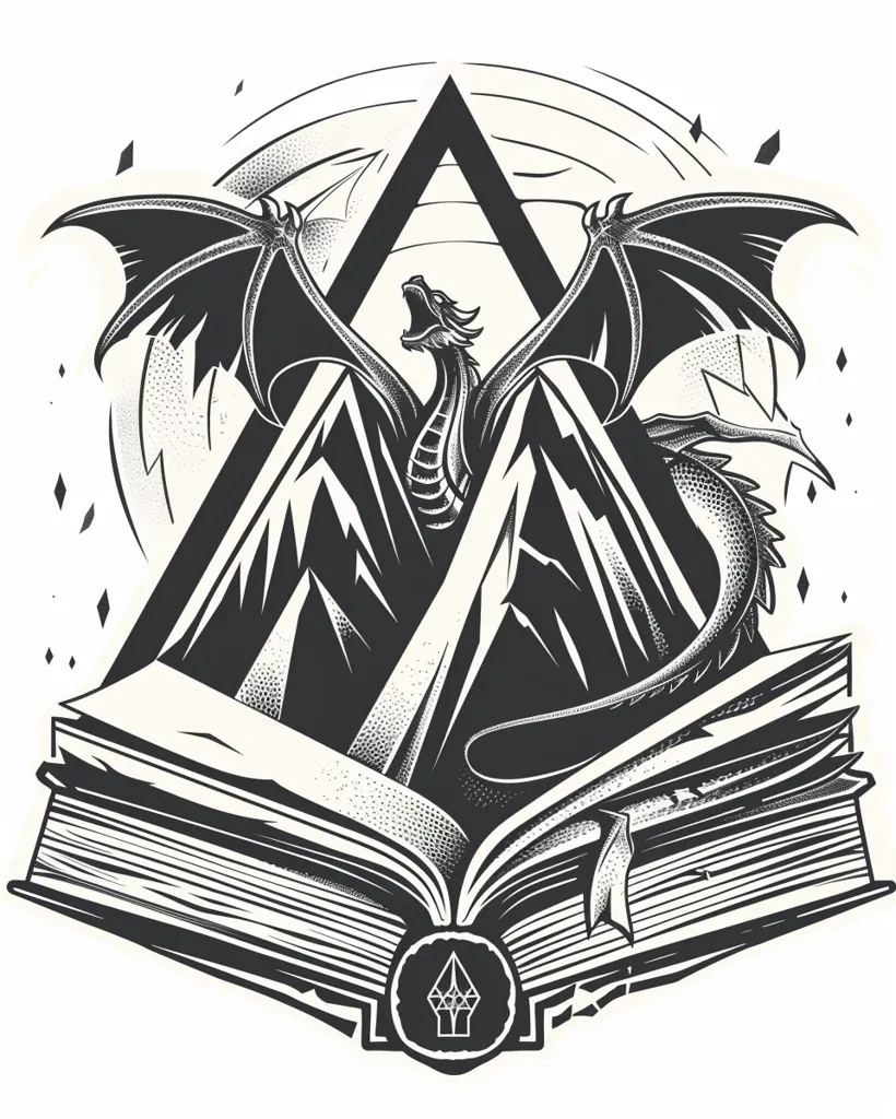 A black and white illustration depicts a dragon with outstretched wings, emerging from a mountain peak. The mountain sits atop an open book, with its pages spread wide. A geometric triangle with a circular design at its base encircles the scene. The artwork uses stippling techniques for texture.