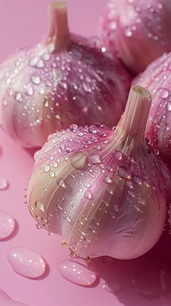 Three pink garlic bulbs, glistening with water droplets, are arranged on a pink surface. The image focuses on the bulb in the foreground, showcasing its intricate texture and delicate details. The soft lighting creates a gentle and inviting atmosphere, highlighting the beauty of the simple ingredients.