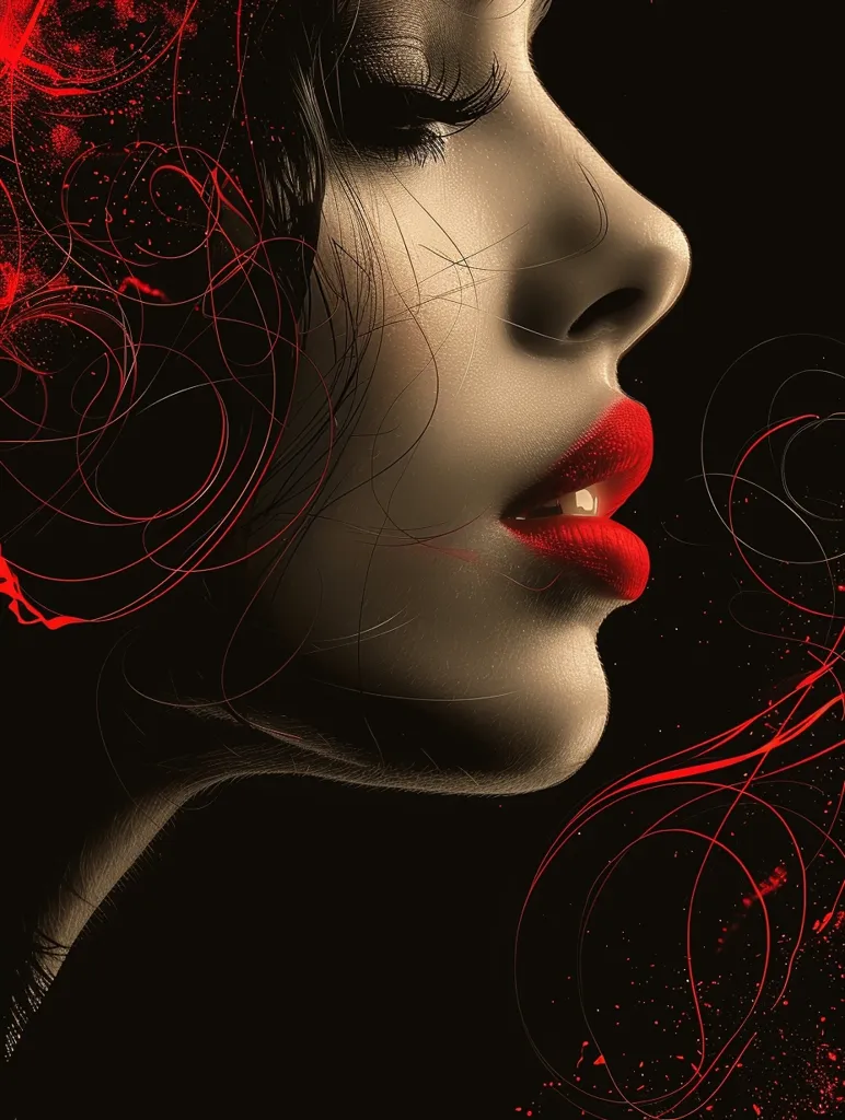 The image depicts a woman's profile, her face illuminated by a soft light. She has dark hair, her eyes closed, and wears bright red lipstick. The background is a dark canvas with swirls and splatters of red paint, adding a dramatic and mysterious ambiance. The image evokes a sense of sensuality and allure.