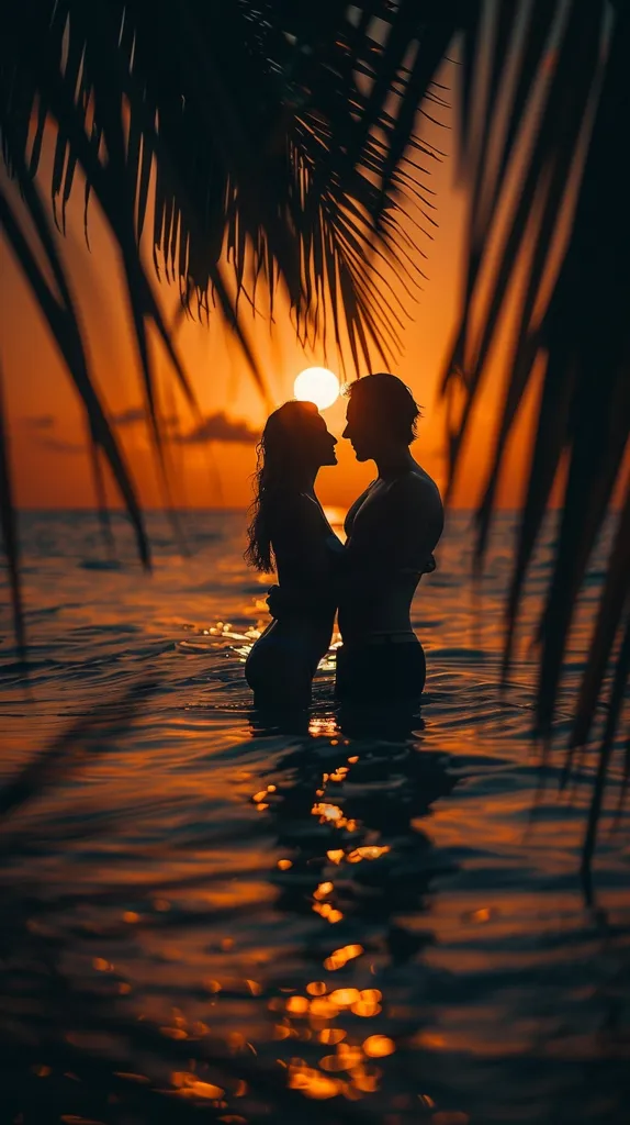 A silhouetted couple embraces in the shallows of the ocean, their backs to a vibrant orange sunset. The setting sun casts a warm glow on the water, and palm leaves frame the scene in the foreground. The image captures a moment of intimacy and peacefulness, with the couple's love silhouetted against the natural beauty of the sunset.