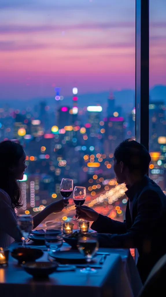 A couple is having a romantic dinner in a restaurant with a panoramic view of a city skyline at night. They are toasting each other with glasses of red wine and enjoying the beautiful lights of the city below. The atmosphere is intimate and romantic, with soft lighting and a sense of privacy. The cityscape lights create a magical backdrop for their special evening.