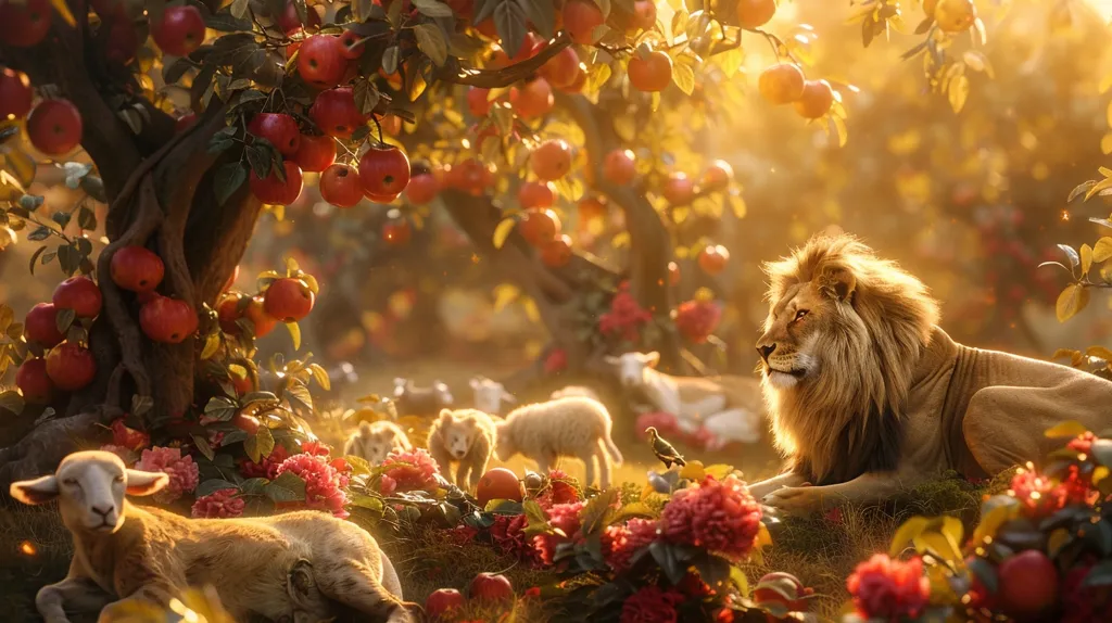 The image depicts a peaceful scene in a golden-hued orchard. A majestic lion, with a thick mane, sits amidst a vibrant display of red apples and pink flowers. Gentle sheep graze in the background, creating a tranquil atmosphere. The warm sunlight bathes the scene in a soft glow, adding to the serene ambiance.