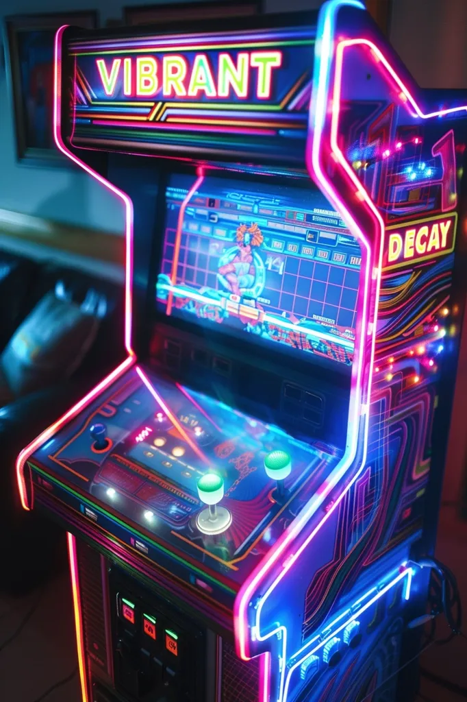 A retro arcade cabinet, brightly illuminated with neon lights, displays the word "VIBRANT" in large, colorful letters. The cabinet features a pixelated screen showing a video game, along with control buttons and a joystick. The vibrant colors and glowing lights create a sense of energy and nostalgia. The word "DECAY" is also visible on the cabinet, adding a layer of irony to the scene.  The overall design of the cabinet is a blend of futuristic and vintage elements.