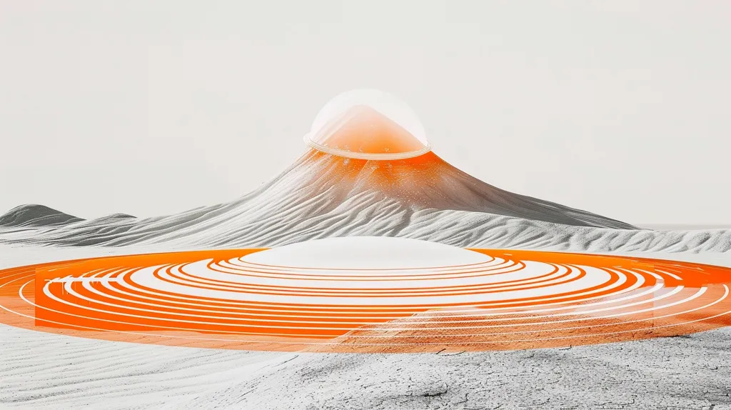 A white, undulating landscape features a large, rounded, grey mountain with a translucent orange dome at the peak. A bright orange circular pattern sits in front of the mountain, almost like a lake in a desert. The background is a simple white with a subtle gradient to the light grey of the mountain.  The entire image has a very clean, minimalist feel, with sharp lines and contrasting colors.