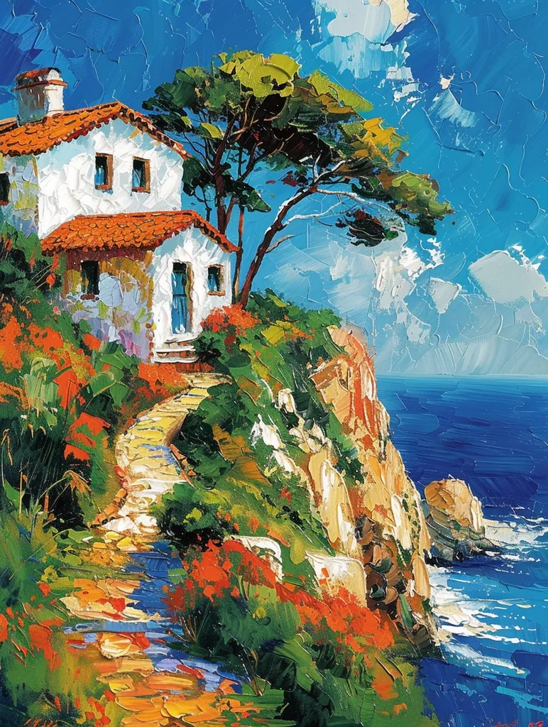 The painting depicts a picturesque scene of a whitewashed house with a red-tiled roof perched on a cliff overlooking a blue ocean. A lush green tree with spreading branches casts shade on the house and the winding path leading down to the sea. Vibrant orange flowers add a splash of color to the verdant landscape. The sky is a clear blue with fluffy white clouds, completing the idyllic Mediterranean vista. The artist's brushstrokes are visible, giving the painting a textured and lively feel.