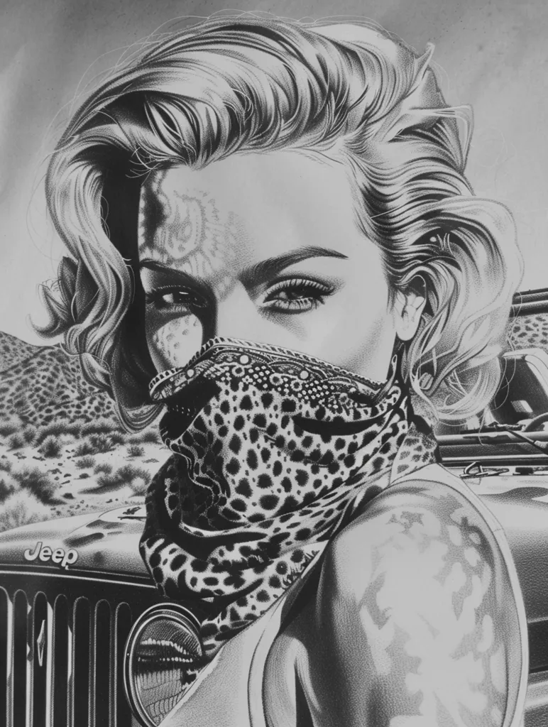 A black and white drawing of a woman with short blonde hair, wearing a leopard print bandana over her mouth. She is leaning against a classic Jeep with a "Jeep" logo on the front. The drawing is detailed and captures the woman's strong features and the rugged nature of the Jeep. The background is a blurry image of desert landscape.