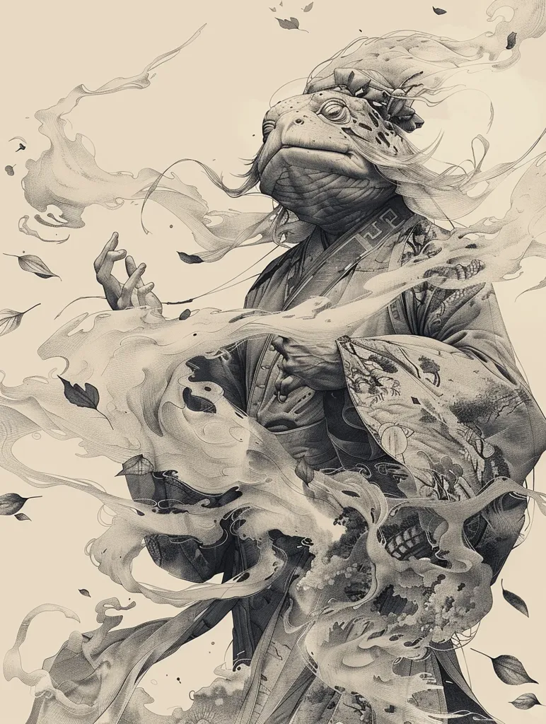 The image depicts a humanoid figure with a frog-like head, dressed in elaborate clothing and surrounded by swirling smoke-like tendrils.  The figure appears to be in a contemplative pose, with one hand raised as if in a gesture of blessing or summoning. The overall composition is intricate and ethereal, with a strong sense of mystical energy. The use of grayscale adds to the image's otherworldly feel.