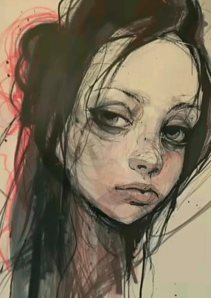 The image is a close-up portrait of a young woman with long dark hair. Her eyes are large and dark, and she has a slightly sad expression. The drawing is done in a loose, gestural style, with visible brushstrokes and a sense of movement. The background is a muted beige, adding to the overall sense of melancholy.