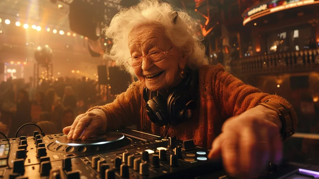 An elderly woman with white hair, wearing glasses and headphones, smiles as she spins a record on a DJ mixer. She is dressed in a burnt orange sweater and is surrounded by a crowd of people in the background. The scene is dimly lit, with a disco ball hanging from the ceiling and a stage behind the woman.  She is confidently mixing music at a concert, showing that age is no barrier to pursuing one's passions.