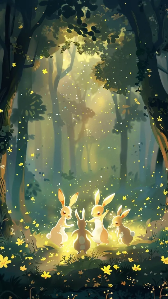 Four rabbits dance in a clearing in a forest, surrounded by glowing yellow flowers and fireflies. The forest is dark and dense with tall trees. The rabbits have long ears and fluffy tails, and they are all looking up at the sky. The scene is magical and whimsical, with a feeling of peace and joy.