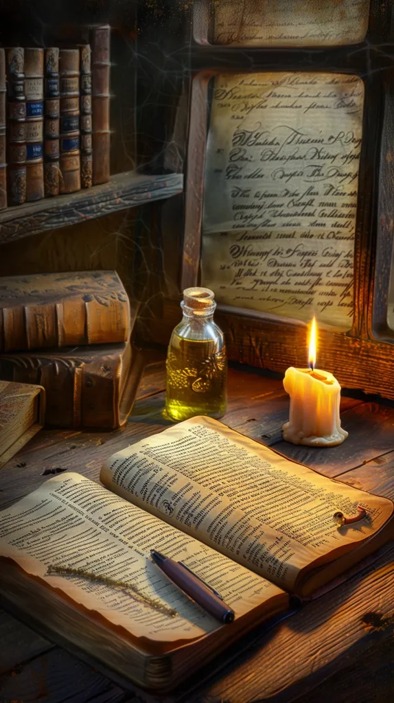 A still life scene with an open, aged book, a pen, a lit candle, a bottle filled with liquid, and a shelf full of antique books in the background. The wooden table is lit by the candlelight and the scene has a mystical feel.  The items suggest an atmosphere of study, reflection, and possibly ancient knowledge.