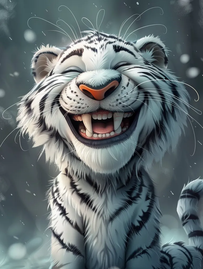 A white tiger with big, bright eyes and a wide, toothy grin sits in a snowy forest. Its fur is fluffy and its expression is playful and joyful. The background is a blurred, cool-toned landscape with delicate snowflakes falling. The image captures the innocence and cheerfulness of the animal.