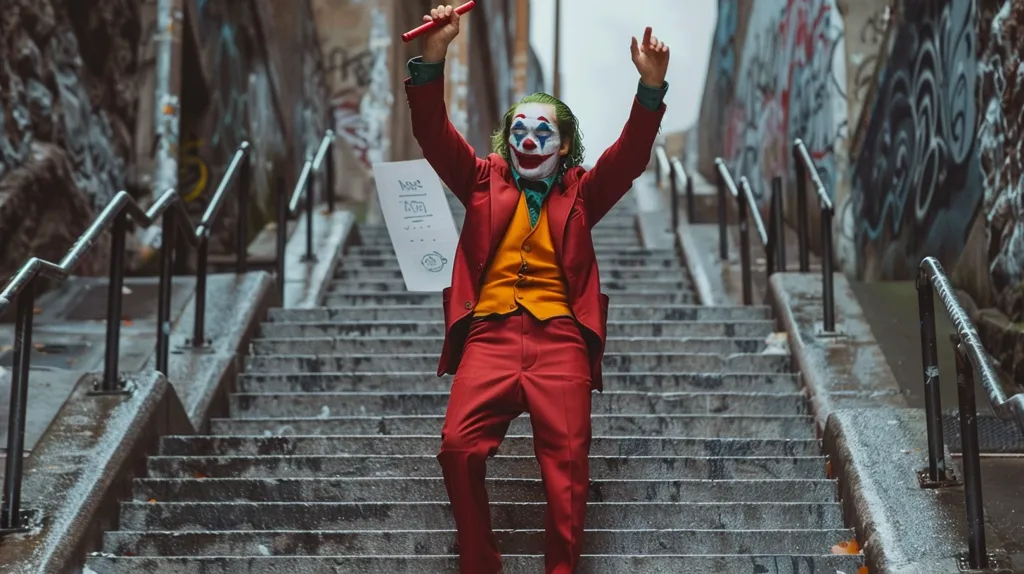 The Joker, dressed in his iconic red suit and green hair, stands triumphantly on a set of concrete stairs. He holds a red conductor's baton in one hand, and a piece of paper in the other. The graffiti-covered walls behind him add to the gritty urban aesthetic. The scene is reminiscent of the movie "Joker", capturing the character's chaotic energy and unsettling grin.  The stairs, with their weathered appearance and black railings, emphasize the environment's bleakness.  The overall image exudes a sense of both celebration and menace, showcasing the character's complex nature.