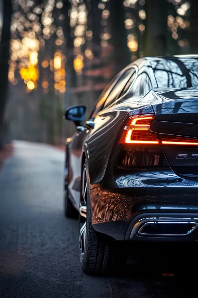 The back end of a sleek black car, partially visible in a forest setting. The car's taillights are illuminated, creating a bright orange glow. The rear bumper features a chrome exhaust pipe and the car's body reflects the surrounding trees and foliage. The image is taken from a low angle, emphasizing the car's design and presence.  The background is blurred, showcasing a soft, out-of-focus effect that adds to the image's overall aesthetic.