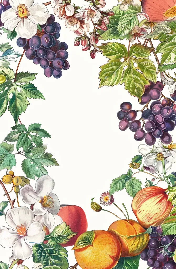 The image is a vintage botanical illustration. It features a border of various fruits, flowers, and leaves, including grapes, apples, peaches, white flowers, and green foliage. The image is framed by a white background, highlighting the vibrant colors and details of the botanical elements.  The illustration is likely from a book or print from the 19th or early 20th century.