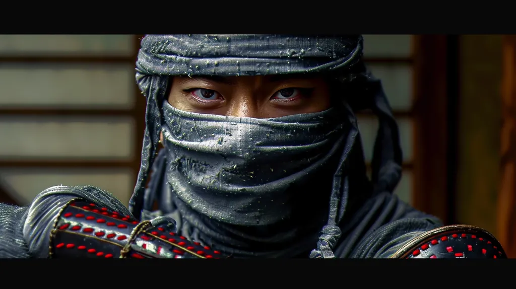 A man dressed as a ninja, wearing a dark grey hood and mask, stares intensely at the camera.  His dark eyes are visible through the mask, and his face is serious.  He has a black and red  armguard with gold accents. The background is a blurred wooden structure, likely from a Japanese home.
