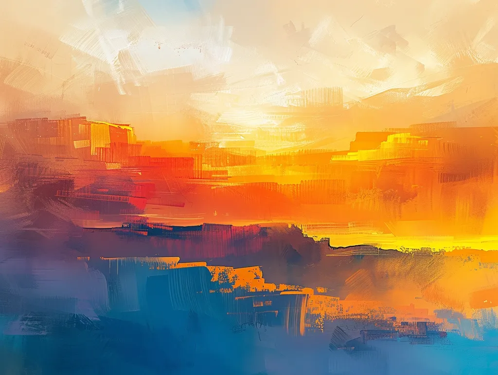 The abstract painting features a vibrant color scheme with a warm, orange, yellow, and red sky, transitioning to a deep blue in the foreground. The brushstrokes are bold and expressive, creating a sense of movement and depth. The painting evokes a sense of tranquility and awe at the beauty of nature.