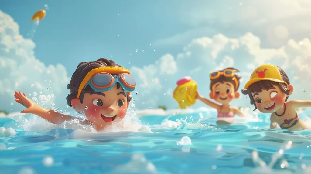 Three cartoon children are playing in the ocean. One child is wearing goggles and is swimming with their arms outstretched. Another child is holding a yellow inflatable and is smiling. The third child is wearing a yellow hat and is looking at the camera. The sky is blue and there are fluffy white clouds.  The sun is shining brightly.