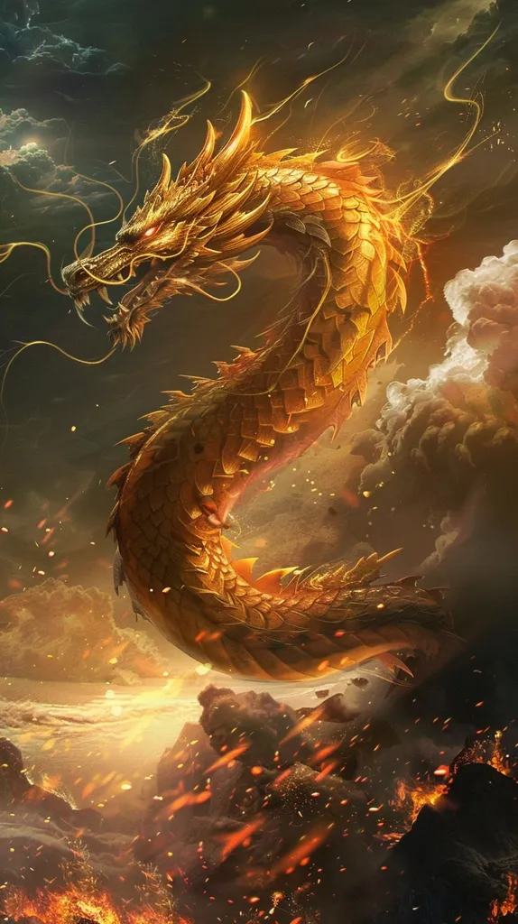 A golden dragon with glowing red eyes soars through a stormy sky, its scales shimmering with light. Its powerful body curves and twists,  as it navigates the clouds, with sparks and fire raining down below.  The dragon's presence fills the sky with a sense of power and awe.