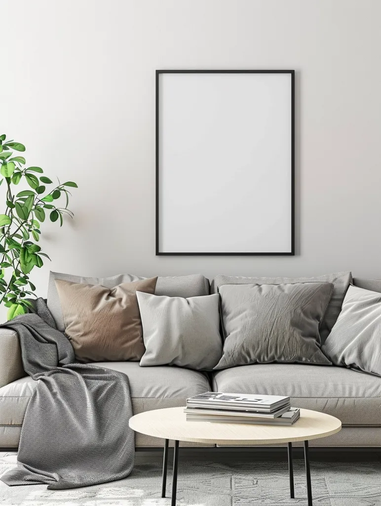 A minimalist living room with a grey sofa, a coffee table with a stack of books, and a large framed picture on the wall. The sofa is covered in grey fabric with a few cushions and a grey throw blanket. The coffee table is made of wood and has a simple round shape. The framed picture is black and white and is positioned above the sofa. The overall style is simple and modern.