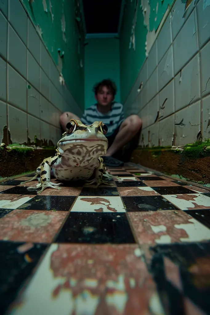 A large frog sits in the middle of a checkered floor in a dimly lit, narrow hallway.  The walls are tiled and have peeling paint. A man sits in the background, out of focus.  The frog's eyes are large and staring directly at the viewer.  The atmosphere is eerie and unsettling.