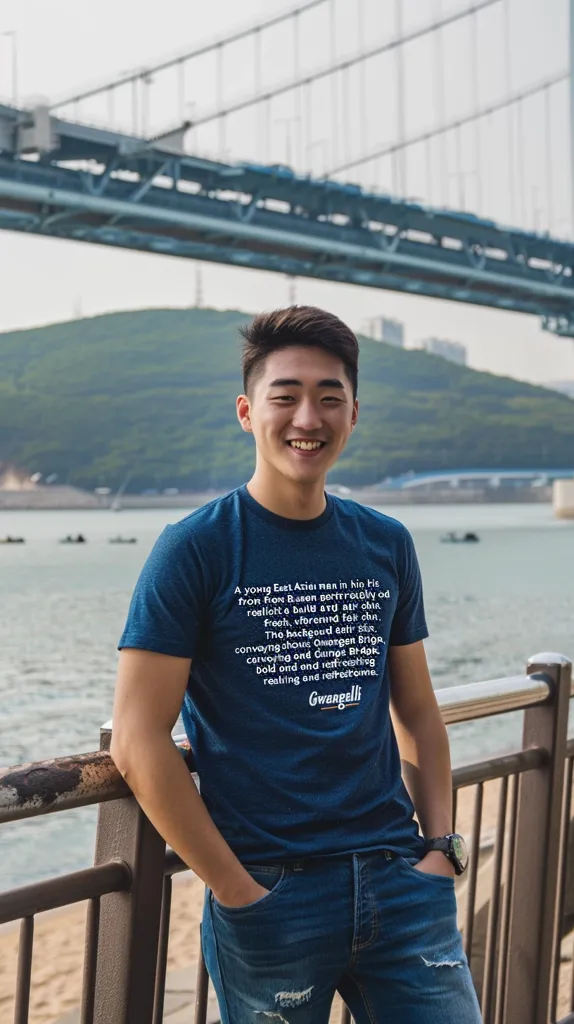 A young East Asian man in his late teens or early twenties stands on a dock in front of a bridge. He is wearing a blue t-shirt with a message about "bold" and "reflective" realizing. He is smiling and looking at the camera. He is wearing jeans and a watch. The background is a bridge and the water. The man is happy and confident.