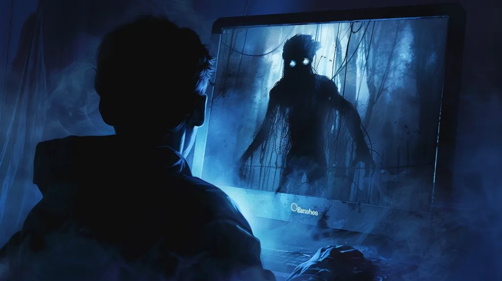 A person sits in a dark room, their silhouette obscured by the blue glow emanating from their computer screen. The screen displays a shadowy figure, its features obscured by darkness, standing amidst a foggy forest. The image evokes a sense of unease and mystery, suggesting a supernatural or ghostly presence.