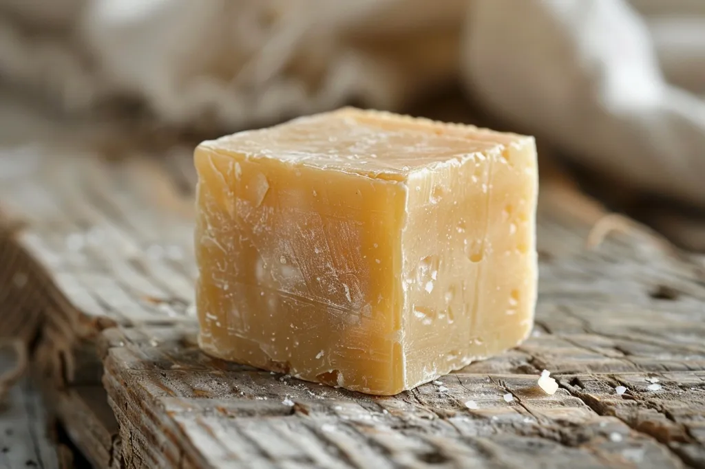 A bar of pale yellow soap sits on a weathered wooden surface. The soap is rectangular and has a rough texture. There is a piece of white fabric blurred in the background. The image is taken from a low angle, emphasizing the textures of the wood and soap. The overall tone of the image is rustic and natural.