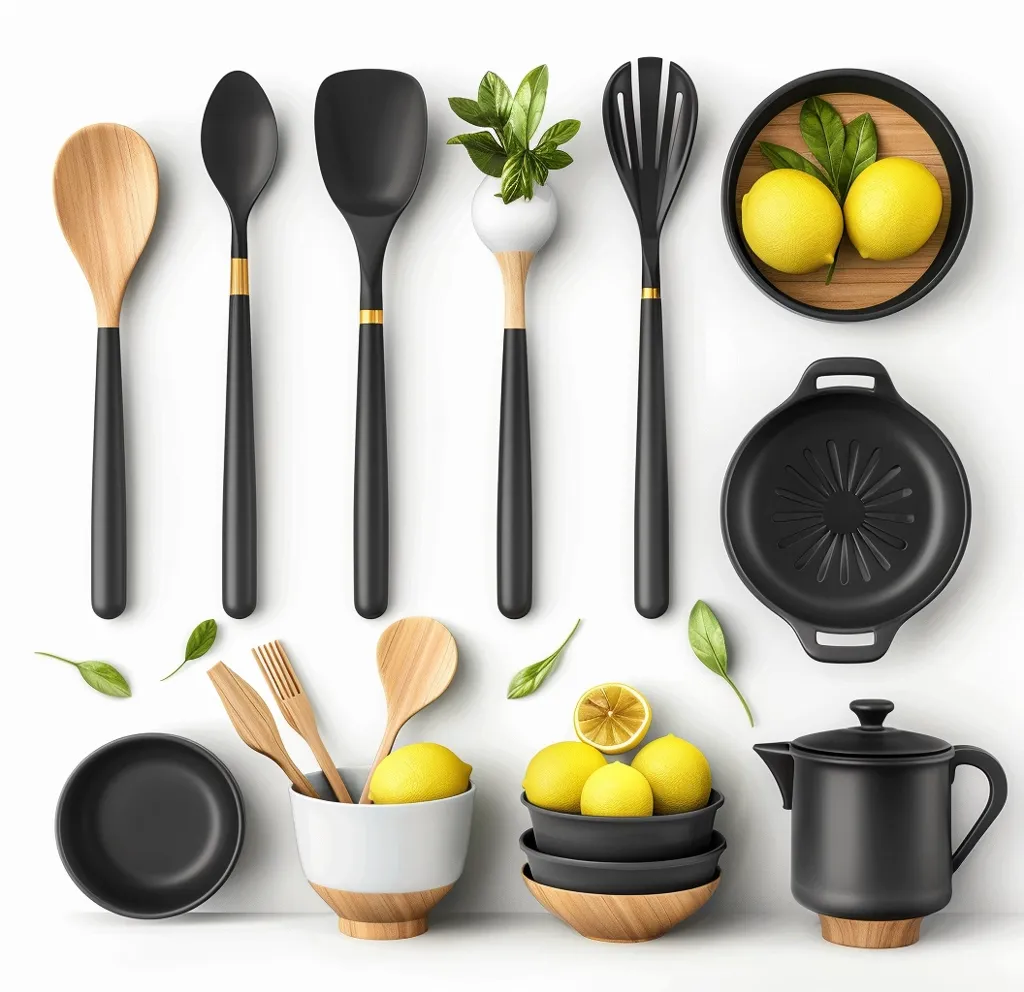 The image shows a set of kitchen utensils and tableware, arranged on a white background. There are three wooden spoons, a black spatula, a whisk, a wooden fork, a black frying pan, a black teapot, and two bowls with lemons in them.  The arrangement is symmetrical and minimalist, with a focus on the clean lines and simple shapes of the objects.  Small green leaves are scattered around the objects, adding a touch of natural beauty.