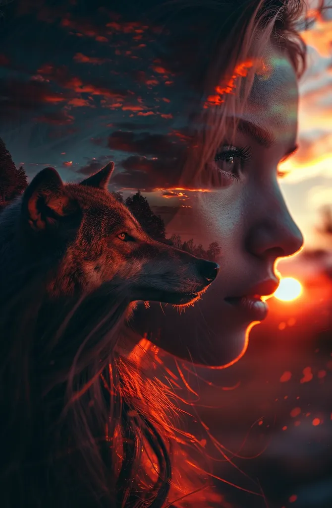 The image depicts a woman's face partially obscured by a wolf, creating a surreal and striking composition. The woman's profile is in sharp focus, with a piercing gaze towards the setting sun, while the wolf's face emerges from the background, blending with the fiery sunset. The warm, red tones of the image suggest a powerful, primal connection between the two subjects.
