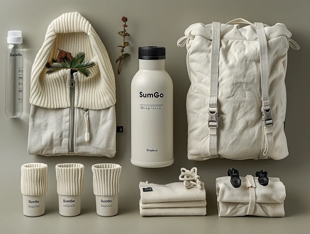 The image shows a collection of white, minimalist items arranged on a green background. There are three white, knitted sleeves, a white water bottle with the brand name "SumGo", a white backpack, a white jacket, and a white fabric bundle. The image emphasizes a clean and simple aesthetic.