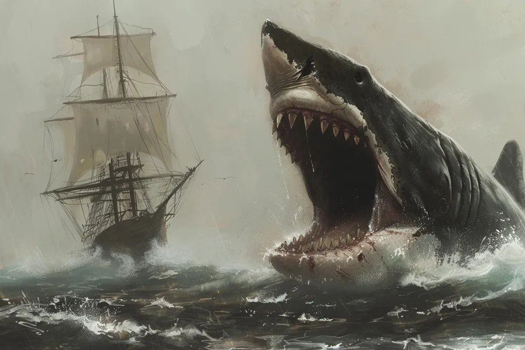 A large, menacing shark with its jaws agape, is shown leaping from the water,  almost engulfing a sailing ship. The image is painted in a realistic style with a dark and stormy atmosphere. The ship is seen sailing through the rough waters with its sails billowing in the wind.