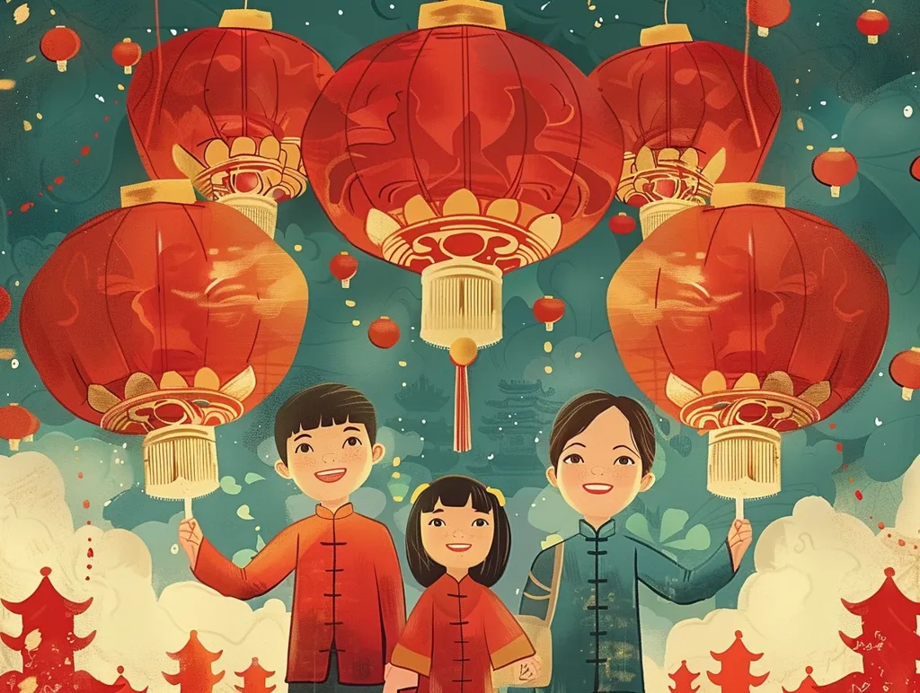 A festive illustration of three children holding red lanterns in front of a backdrop of many other lanterns and traditional Chinese architecture. The children are smiling and dressed in traditional clothing, creating a joyful and celebratory atmosphere. The image is filled with vibrant colors and intricate details, suggesting a cultural celebration or holiday.