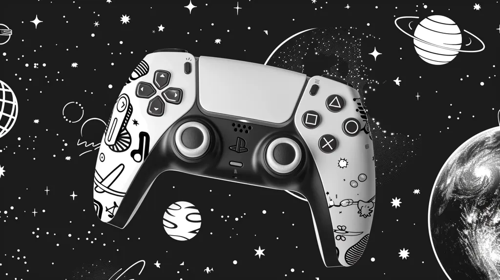 A PlayStation 5 controller is shown against a black background with white stars, planets, and doodles. The controller is white with black accents and features a unique design that incorporates a space theme. The image is likely a promotional photo for a new PlayStation 5 controller or a themed gaming event.