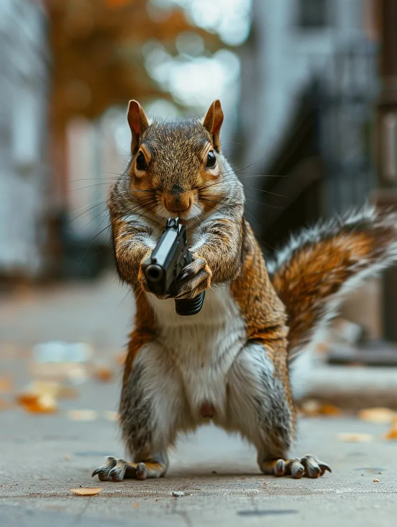 A squirrel is holding a black handgun in its paws. It is standing on a concrete surface and looking directly at the camera with an intense expression. The background is blurred, but it appears to be a city street. The squirrel's fur is a mix of brown and gray, and its tail is bushy and long. The image is humorous and slightly unsettling.  It is likely a humorous, edited image.
