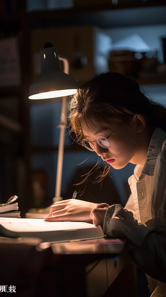 A young woman with glasses sits at a desk, illuminated by a desk lamp. She is writing in a notebook, her focus intense. The warm glow of the lamp casts shadows around her, creating a sense of intimacy and concentration. The image captures a moment of quiet reflection and focused work.