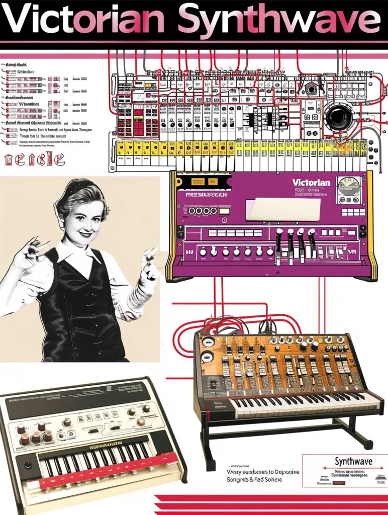 The image is a colorful and stylized poster for a musical genre called "Victorian Synthwave." It features images of vintage synthesizers, a woman in a retro outfit, and text that references a band called "The Noble." The poster combines elements of Victorian aesthetics, retro technology, and modern musical styles.